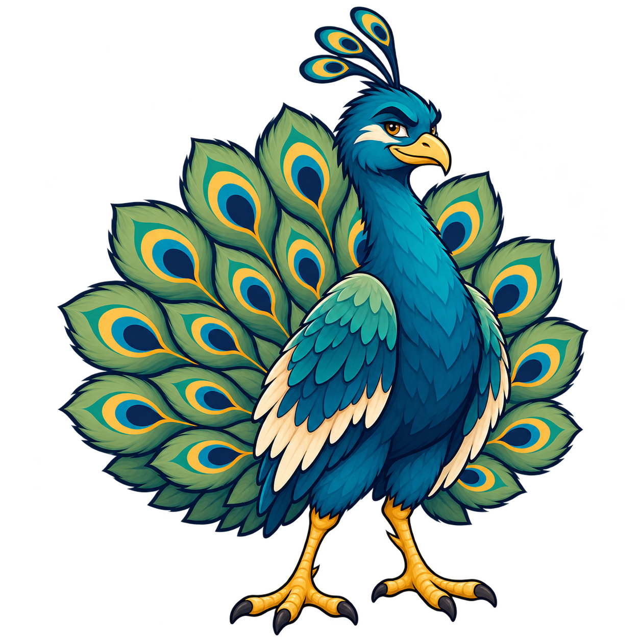 Jules the Jungle Peacock, a poised teal peacock with a sage fan patterned in navy, teal and gold.